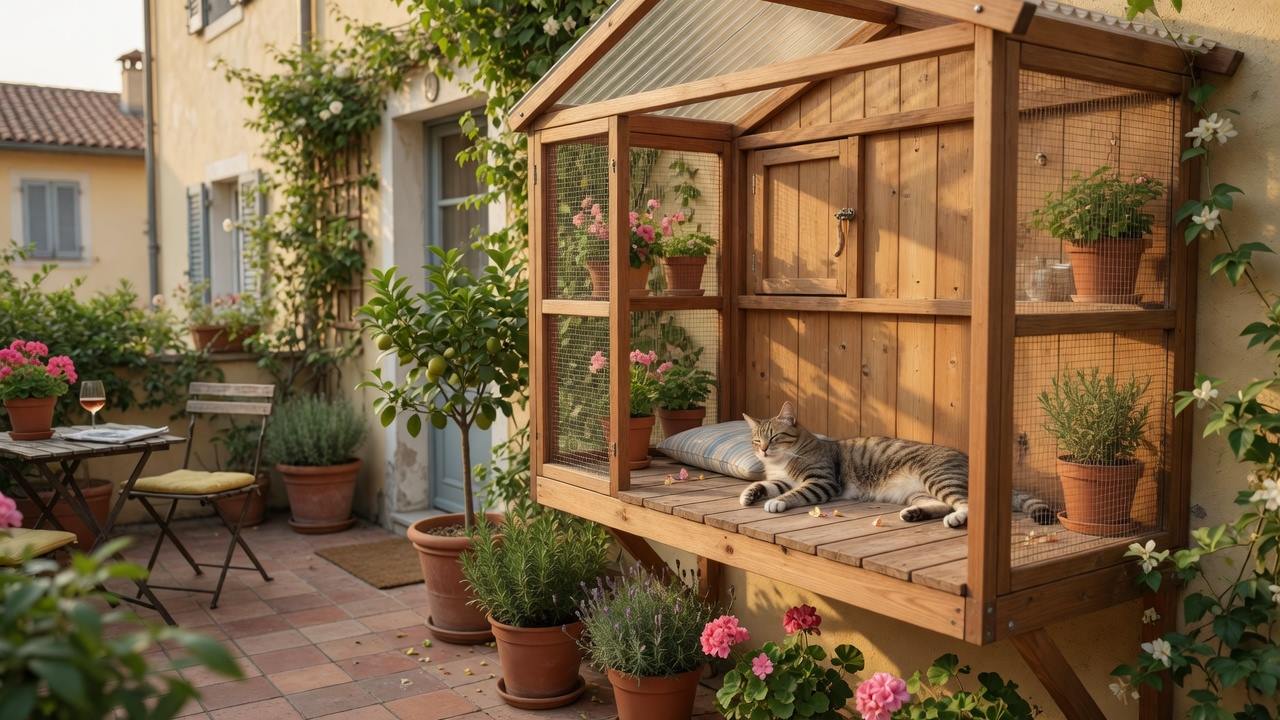Kész catio napfényben, macskával