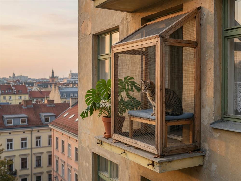 Erkély-catio fa szerkezettel és biztonságos hálóval