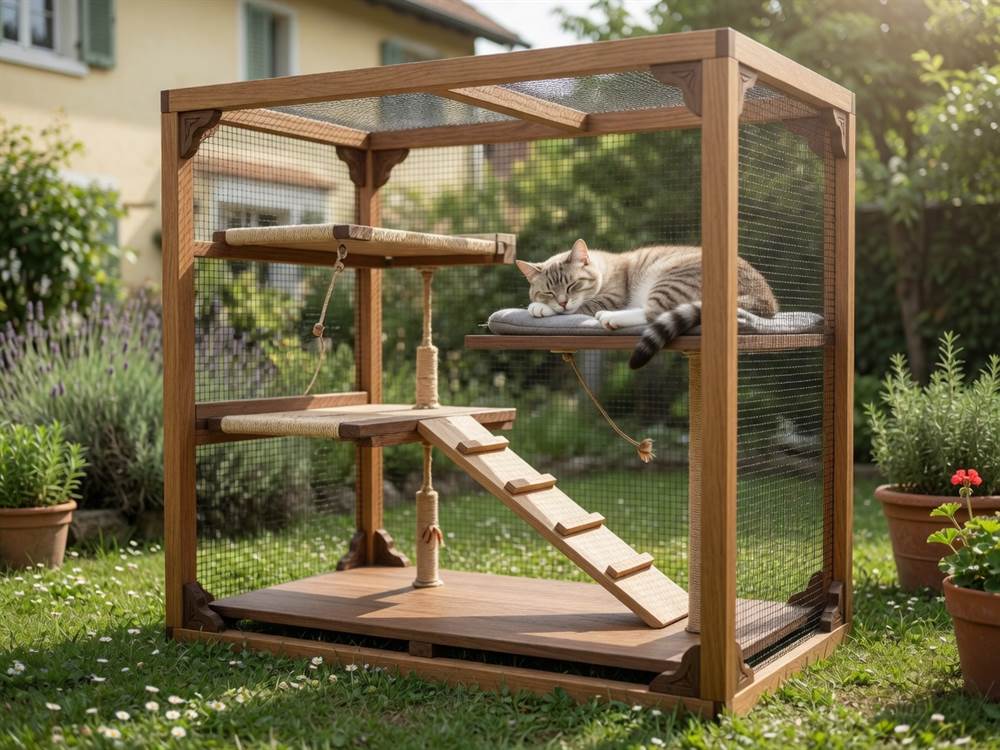Kültéri fa catio kertben, biztonságos hálóval